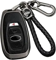 ontto Alloy Car Key fob Cover Fit for Subaru Forester Crosstrek Outback WRX Ascent BRZ Impreza Legacy Leather Smart Key case Shell Key Holder Bag Keyring Keychain Protector Accessories Black