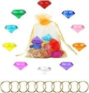 Chaos Emeralds and Rings Set, Include 10pcs Acrylic Crystal Diamond Gems with 10pcs Gold Power Rings Pirate Treasure Hunt Jewels for Kids Birthday Party Favor Supplies Cake Decoration,
