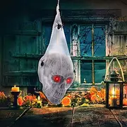 Halloween Scary LED Sound Activated Skull with Spider Web, Creepy Haunted House Props, Spooky Yard Outdoor Horror Decorations