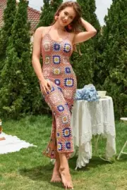 Crochet Midi Dress Peach Knit See Through Patchwork From Cherley Slits NEW