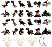 KONTONTY 2 Sets Dinosaur Scratch Paper for Fun Craft with Wooden Includes Scratch Cards for Creative Play and Exploration