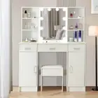 Vanity Wood Makeup Dressing Table Stool Set Jewelry Desk Drawer Mirror White