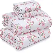 [RUVANTI] 100% Cotton Sheets for Queen Size Bed - Crispy Cooling Percale Sheets - Breathable & Durable Queen Sheet Set - 16 Inches Deep Pocket Queen Size Sheets - Pink & Green Floral - 4 Pieces