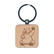 Charmingly Chubby Waving Bear Engraved Wood Square Keychain Tag Charm
