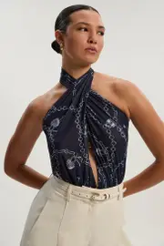 Chain Print Plunge Halter Neck Trim Detail Mesh Bodysuit