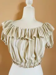 Lovers & Friends Beige rayon Ball Fringe Off/On Shoulder Cropped Boho Top S/M