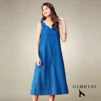 在飛比找momo購物網優惠-【GLORY21】速達-網路獨賣款-V領長版牛仔洋裝(藍色)