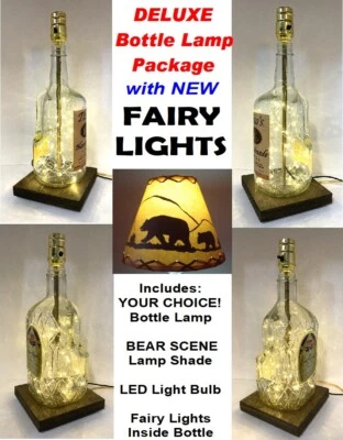 YOUR CHOICE Liquor Bar Bottle Table LAMP w/ BEAR Shade FAIRY LIGHTS & LED Bulb