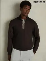 Reiss Chocolate Brown Hale Leather-Placket Interlock-Jersey Sweatshirt (AD0116) | $240