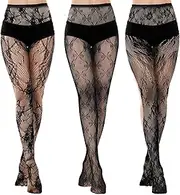 [UILYNIU] 3 Pairs Patterned Tights, Tights for Women Patterned, Fishnet Tights Womens, Black Lace Pattern Fishnet Stockings, Floral Fishnet Tights, Funky Tights, for Daily Wear Parties Festivals, Black,