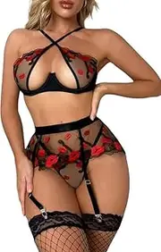 [Generic] Women's Sexy Lips Embroidered Print Lingerie Set, Underwire Top Cut Out Bra Nightwear Sheer Mesh Garter Belt &Thong