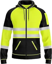 [trending babz] Mens Hi Viz Vis Reflective Zipper Patched Fleece 3 Zip Up Pockets Sweatshirt Work Wear Hoodie Top Jacket