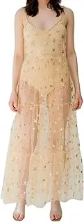 [Generic] Women's See Through Tulle Maxi Dress Shiny Sequined Stars Strap Cover Up Dresses Festival Outfit
