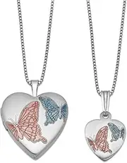 [JewelryWeb] 925 Sterling Silver Satin Back Spring-Ring Holds 2 photos Not engraveable-Satin Enamel Butterflies Love Heart Locket and Pendant Set 19.55mm Wide-Locket Necklace for Women