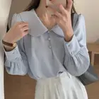 Womens Trendy Long Sleeve Chiffon Top Featuring Adorable Baby Collar Detail