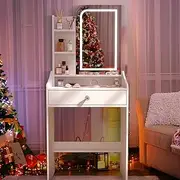 Makeup Table with Lights, Dressing Table Vanity Desk with Storage Drawer & Shelves, LED Lighted Mirror Brightness Adjustable, Small Make Up Vanity for Teen Girls, White