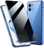 CZKE Double-Sided Tempered Glass Metal Bumper Phone Cover, Anti-Peep Magnetic Flip Phone Case for Apple iPhone 12 Mini (2020) 5.4 Inch (Color : Blue)