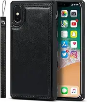 Cavor PU Leather Wallet for iPhone X, iPhone Xs Case Flip Magnetic Clasp Back Cover Shockproof Soft TPU Phone Cases with Lanyard & Card Slots Holder & Kickstand Protective Case-Black