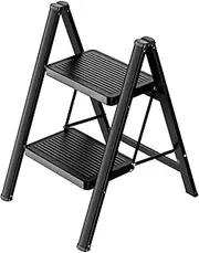 2 Step Ladder, MOTYYA Folding Step Stool with Wide Anti-Slip Pedal, Aluminum Lightweight Portable Step Stools for Adults, 330 IBS Capacity Multi-Use Ladder for Home and Kitchen, Black