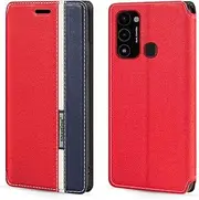 [Shantime] Classic Stripes Faux Leather Flip Case Compatible with Tecno Spark Go 2022, Invisible Magnetic Cover with Card Slot, Contrast Color Design(Red)