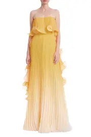 [BADGLEY MISCHKA] STRAPLESS OMBRE OCTOPUS GEORGETTE GOWN US 10 YELLOW