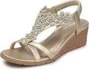 [TEMOFON] Wedge Sandals for Women Casual Summer Comfortable Bohemia Beach Sandals Open Toe Mid Heel Rhinestones Platform Shoes Sandal