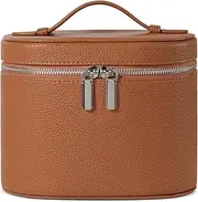 Travel Makeup Bag with Compartments, Portable Cosmetic Organiser, Handle, Toiletry Case for Women (Brown)