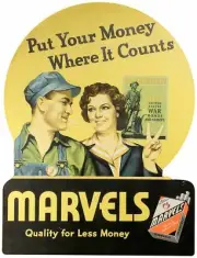 MARVELS CIGARETTES MAN OVERALLS 20" HEAVY DUTY USA MADE METAL ADVERTISING SIGN