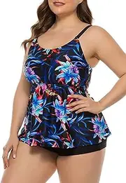 [JadeRich] Women Plus Size Two Piece Tankini Bathing Suit Tummy Control Floral Print Modest Swimwear