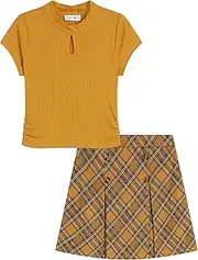 [Beautees] girls 2 Piece Set Rib Knit Top With Plaid Pleated Skirt