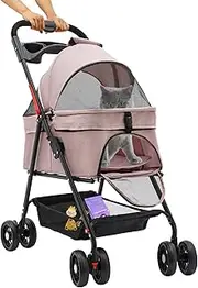 Pet Stroller, 4 Wheels Dog Cat Carrying Cart, Foldable Puppy Carrier with Storage Bag and Detachable Grid Structure for Small/Medium Dogs Cats Up to 44Lbs (Pink)