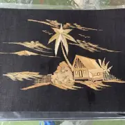 VINTAGE Asian Scene hut palm tree straw collage on cloth 39cm x 30cm 3..