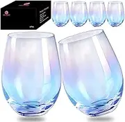 HELLWANG Stemless Wine Glasses Set of 4, 20 Ounce Iridescent Wine Glass for Red or White Wine, Whiskey- Pool Party Beach Travel Cups…