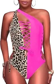 [Holipick] Women Sexy One Piece Swimsuit One Shoulder Bathing Suit Lace Up Swimwear