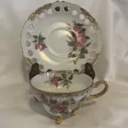 Vintage China Pink Roses tea cup and saucer gold accents reticulated saucer