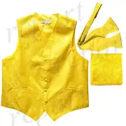 New Men's yellow vest Tuxedo Waistcoat self tie bow tie and hankie set party