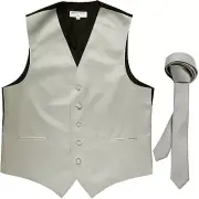 New Men's Solid Tuxedo Vest Waistcoat & 1.5" Skinny Neck tie Silver