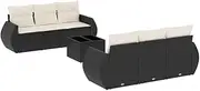 vidaxl Garden Sofa Set - Black PE Rattan Modular Furniture with Storage - Patio/Terrace/Deck Seating - Glass Table top + Cushions (7 pc)