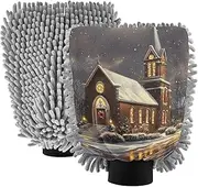 XYMZR Street Landscape Church Snow Absorbent Microfiber Car Wash Mitt, Funny Cute Anime Scratch Free for Cars Cleaning, Home Cleaning Mitts, 2 Pack, 10.24” L x 7.09” W