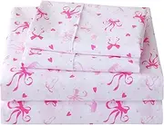 Viviland 3 Pieces Girls Pink Twin Sheet Set - Soft Microfiber Fitted Flat Sheets & Pillowcase - Pink Bow Print Bedding Sets - for Kids & Toddlers