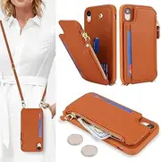 Cavor for iPhone XR Phone Case Vertical Flip Cover for iPhoneXr Crossbody Leather Wallet Credit Card Slots with Kickstand Zipper Shoulder Strap for Women-Long Laryard Brown