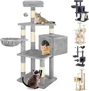 BEASTIE Cat Tree 130cm Multi-Level Play Tower with Scratching Post, Condo House, Scratch Board & Plush Perch Den, Sisal Covered Scratcher Tower Furniture for Kitten Climbing & Playing, Light Grey