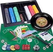 Poker Complete Set, 360 Chips, 8 Cards, Chip Rake, Felt, Roulette Wheel, 3 Dices, Casino Game Kit (Blue)