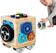 Wooden Busy Cube,Bus Travel Toy with LED Light - Fine Motor Skill Toy, Early Educational Activity for Children Aged 2-4 Years Old