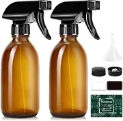 Tecohouse Glass Spray Bottle 250ml for Cleaning Product and Esssential Oil, Amber Empty Refillable Sprayer Container with Labels, Funnel, Lids, Graduated Pipettes - Handheld Size