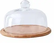 Eidoct Wooden Cake Stand with Glass Dome, Round, Wood, Clear - Flat Cake Display Stand for Birthday, Wedding, Party, Cafe
