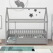 Donext Twin Size Wood House Bed, Wood Bed Frame with Fence and Door, Wooden Bed Frame with Roof for Teens, Boys or Girls, Gray