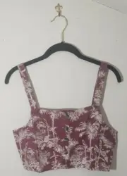 NWT! AMERICAN EAGLE Sz Large Button Front Crop Tank Top - Red w/White Palm Trees