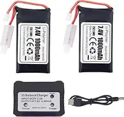 2PCS PH2.0 Plug 7.4V 1000mAh Lithium Battery with 2in1 Charger for SCX24 RC Car RC Truck 1:24 Scale SCX24 RC Electric Climbing Car Spare Battery