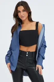 Blue Shirt Long Sleeve Collared Oversized Button Up - Size 14, Women's Shirt